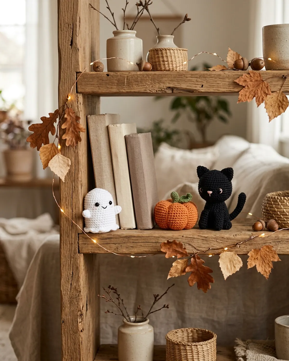 Góc kệ sách Halloween với ma len, bí ngô len và mèo đen handmade