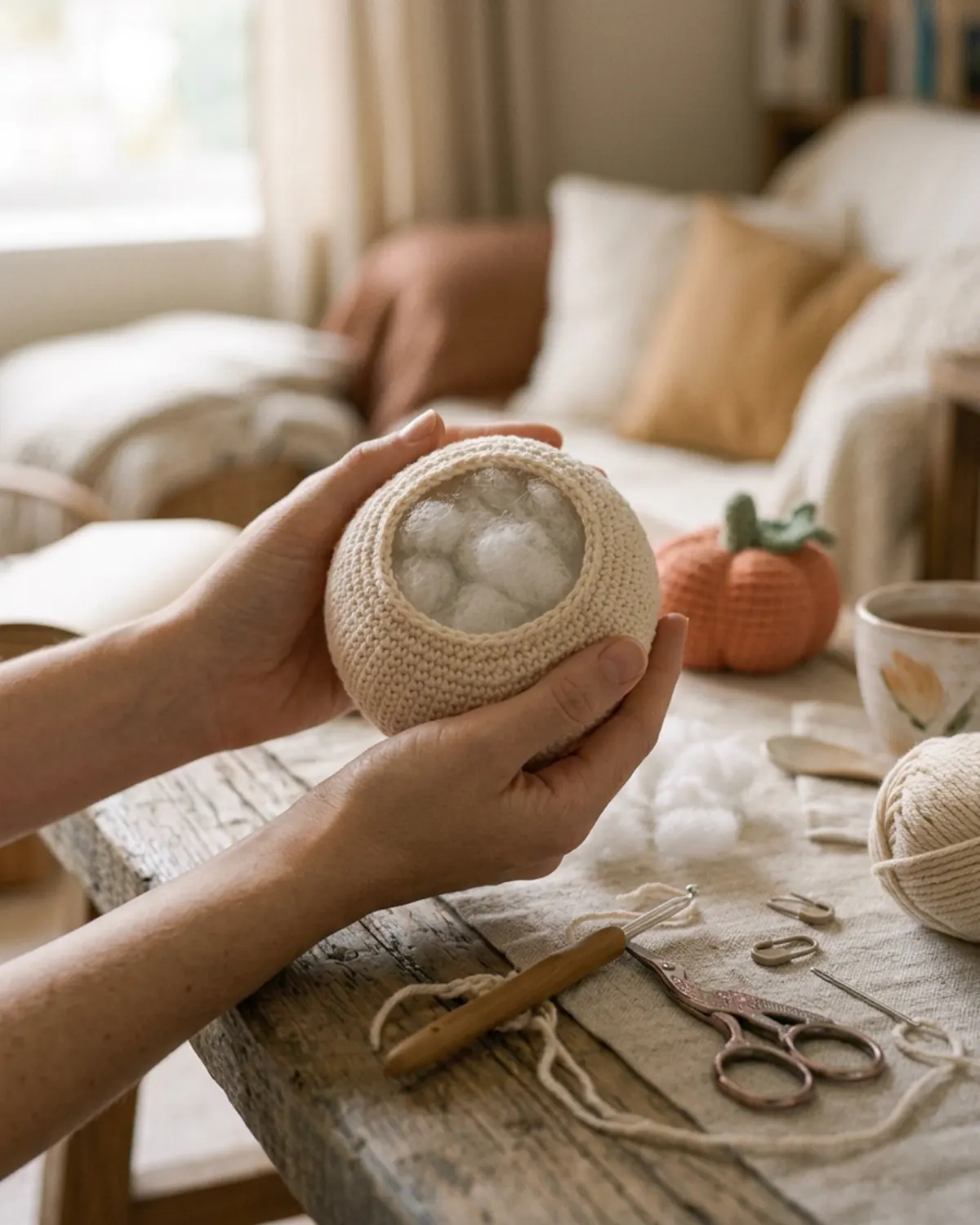 Tạo hình đầu amigurumi tròn đều sau khi nhồi bông