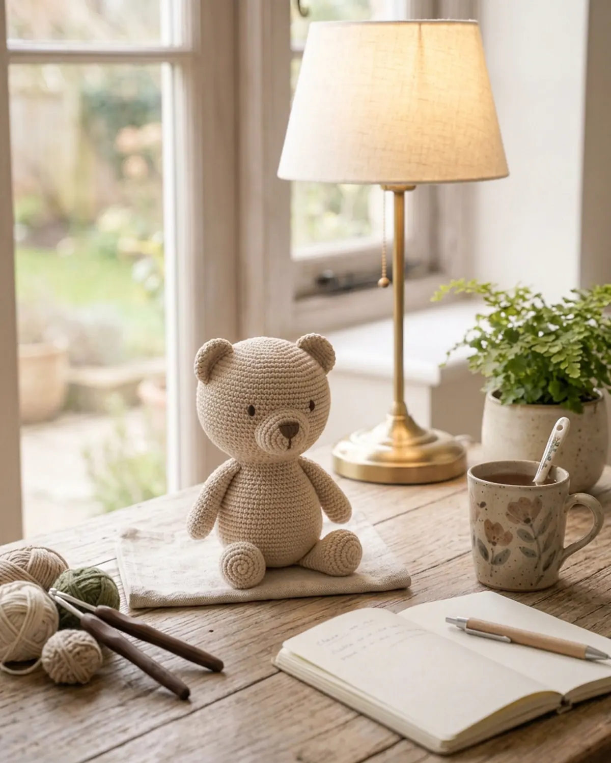 Góc bàn làm việc ấm áp với thú len handmade vào buổi chiều