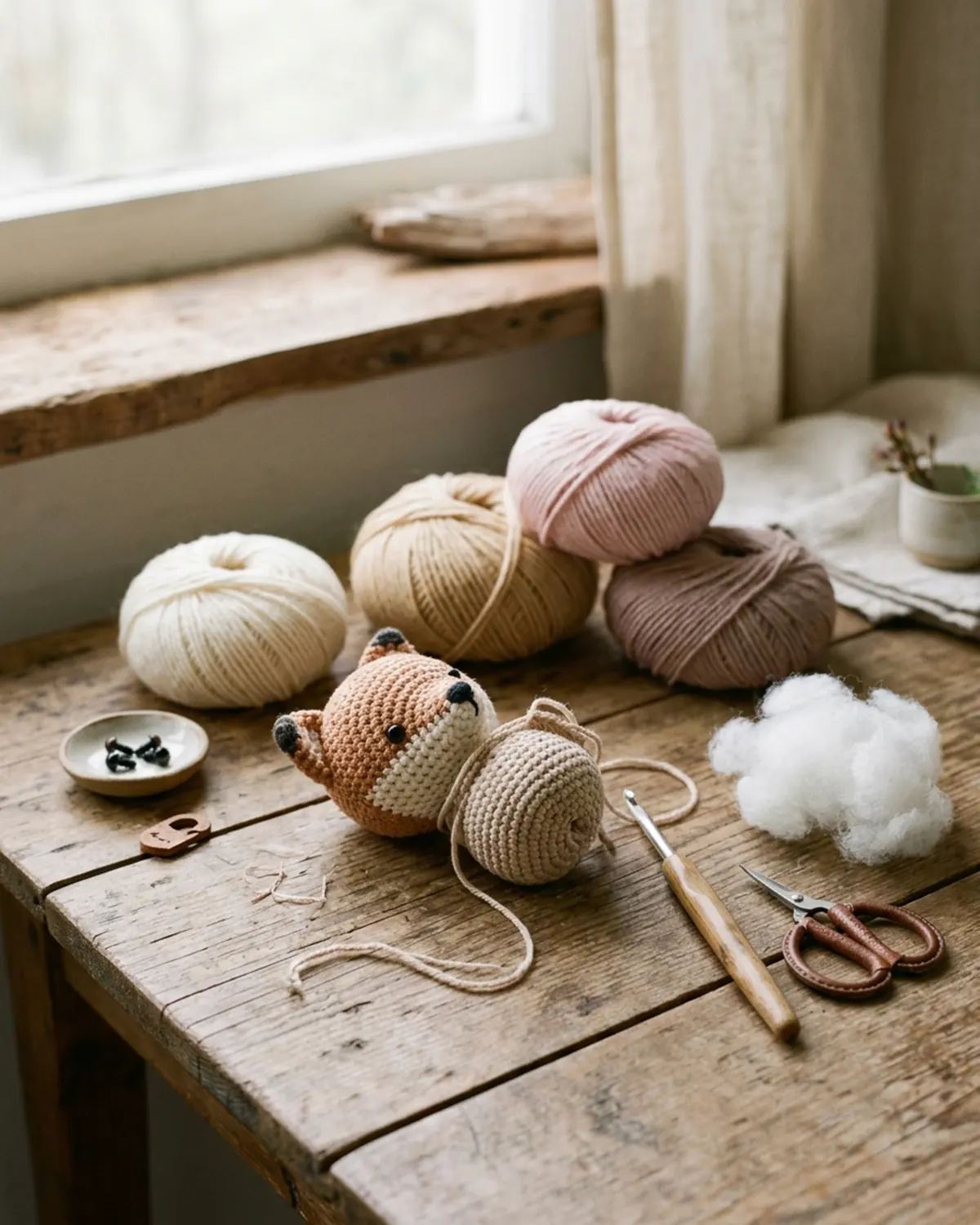 Sợi len và kim móc dùng để tạo nên một chú thú len amigurumi handmade