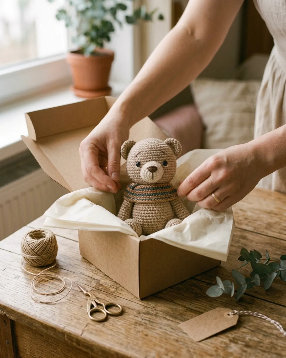 Một chú thú len handmade được gói cẩn thận làm quà cho người đặc biệt