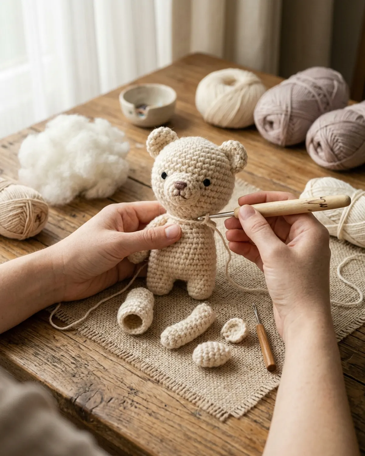 Bàn tay đang hoàn thiện một chi tiết cho chú thú len handmade