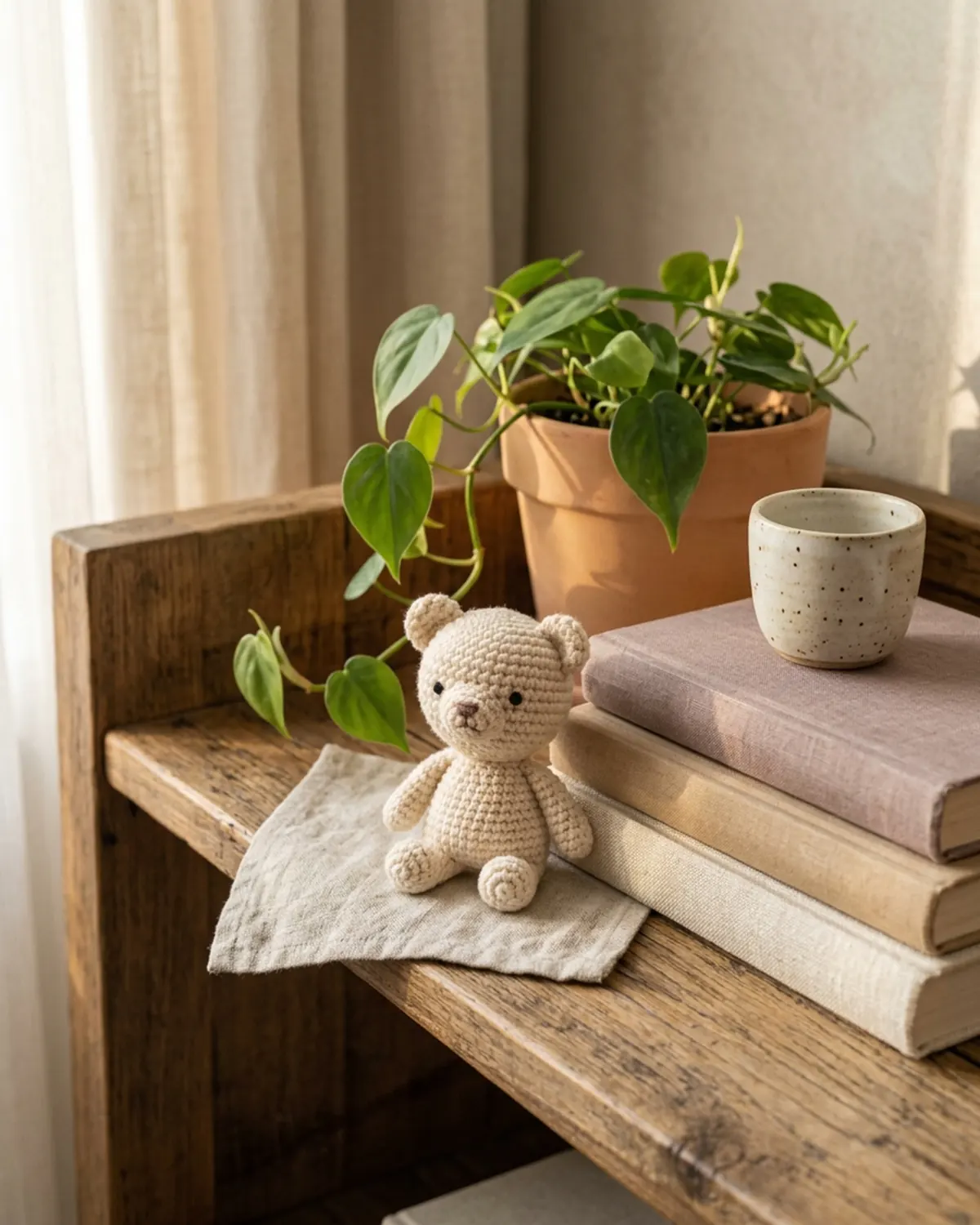 Một chú thú len handmade nhỏ tạo điểm nhấn cho góc không gian sống