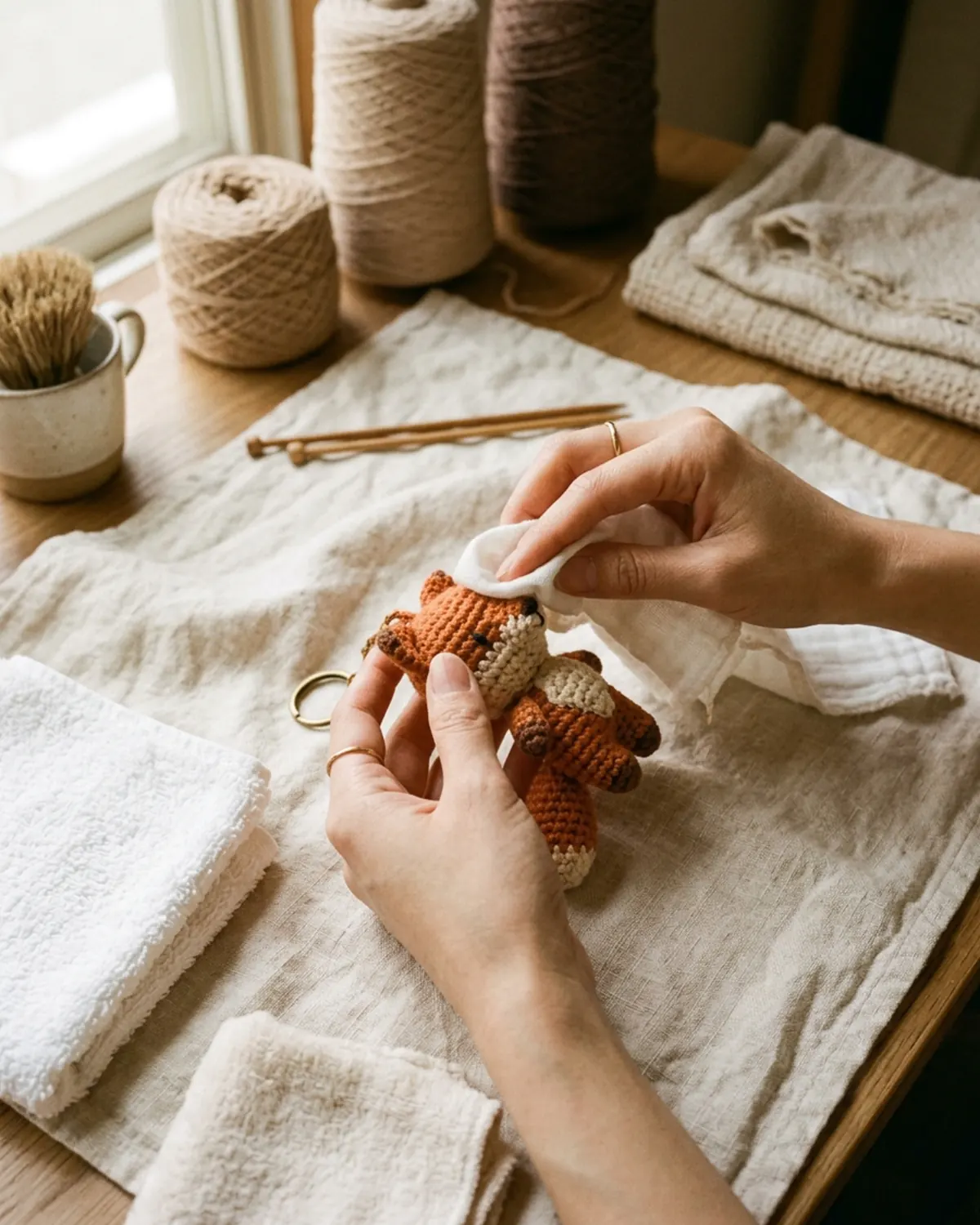 Chăm sóc và nắn nhẹ một chiếc móc khóa thú len handmade