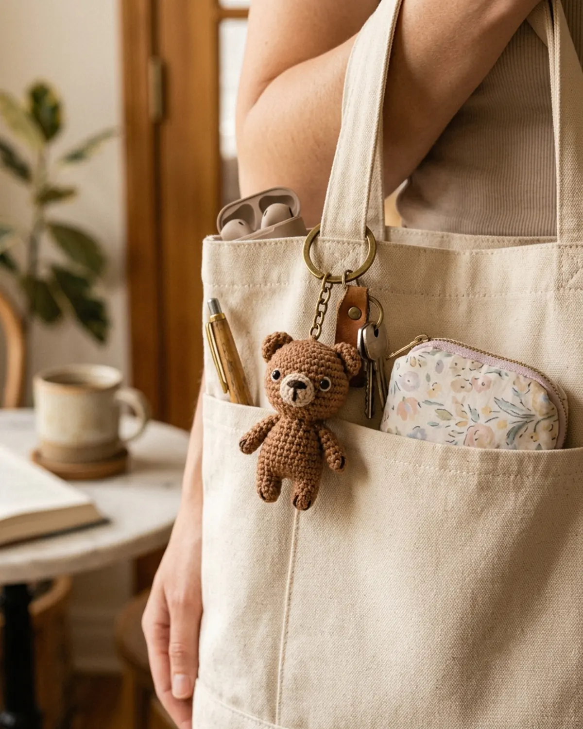 Móc khóa len gấu handmade được mang theo trên túi tote mỗi ngày