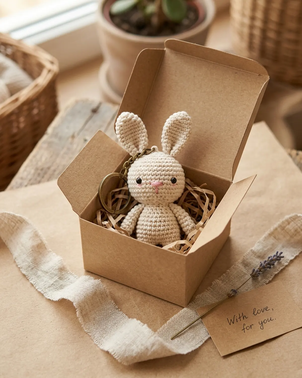 Móc khóa len thỏ handmade được chuẩn bị làm món quà nhỏ ý nghĩa