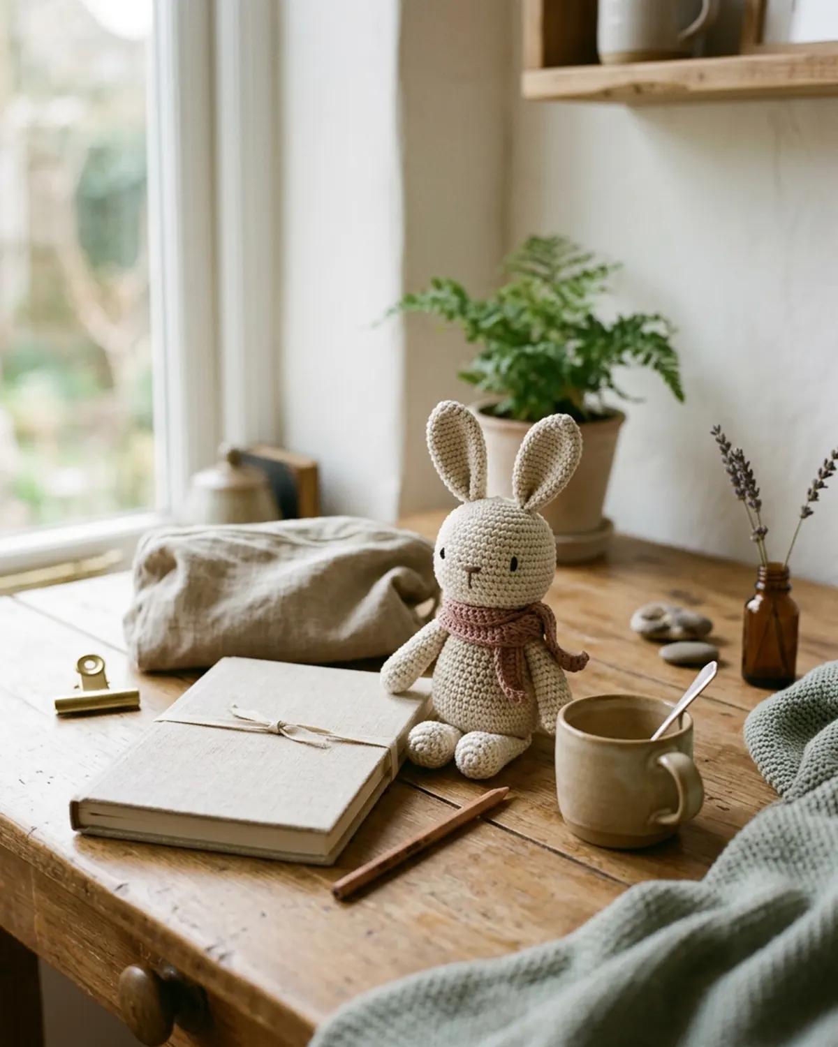 Chú thỏ len handmade nhỏ trở thành một Little Friend trên bàn làm việc