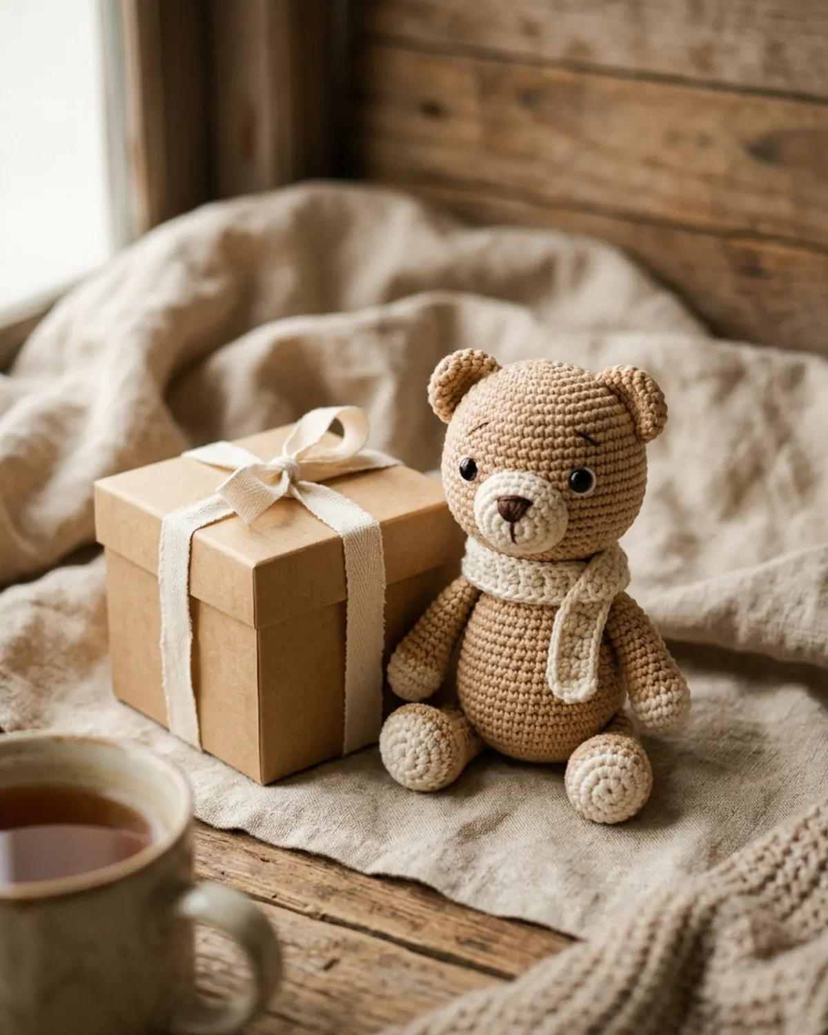 Một món quà handmade nhỏ với chú gấu len được chuẩn bị đầy yêu thương
