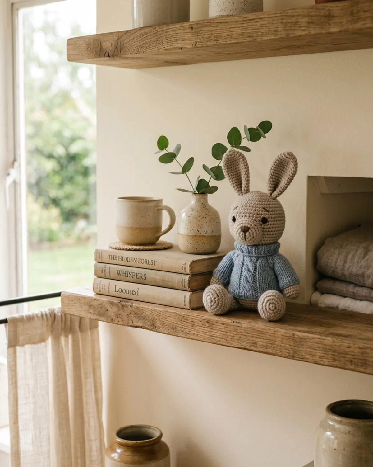 Thỏ len handmade được dùng làm món đồ decor nhỏ trên kệ sách