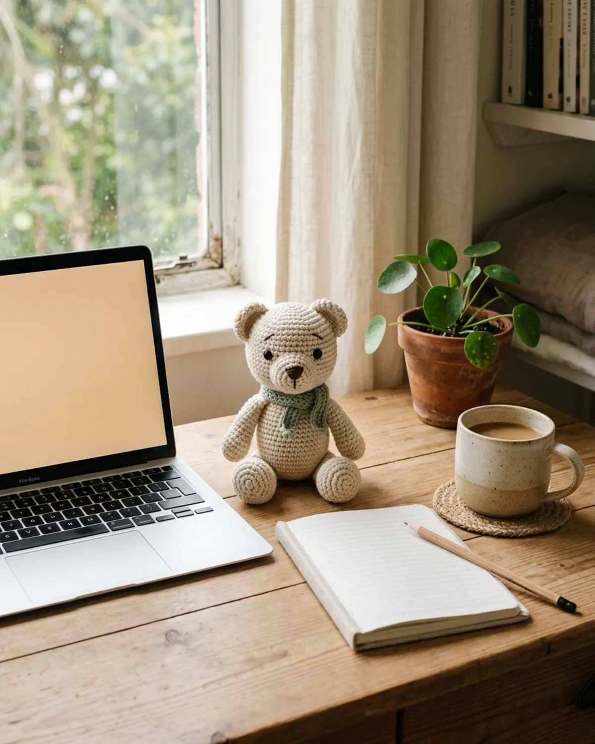Chú gấu len handmade được đặt trên một góc bàn làm việc nhỏ ấm áp