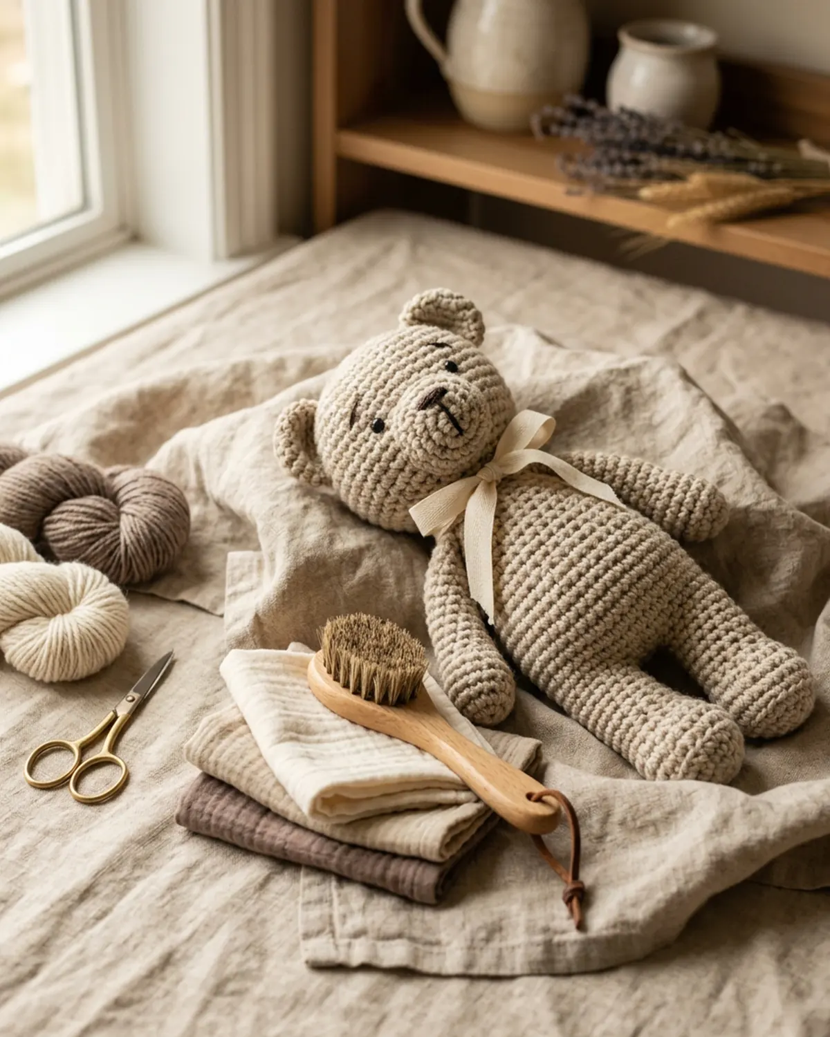Chú gấu len handmade được chăm sóc nhẹ nhàng trên nền vải linen