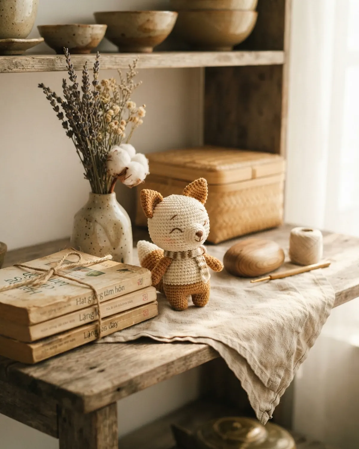 Chú thú len handmade nhỏ được đặt trên kệ như một người bạn trong căn nhà