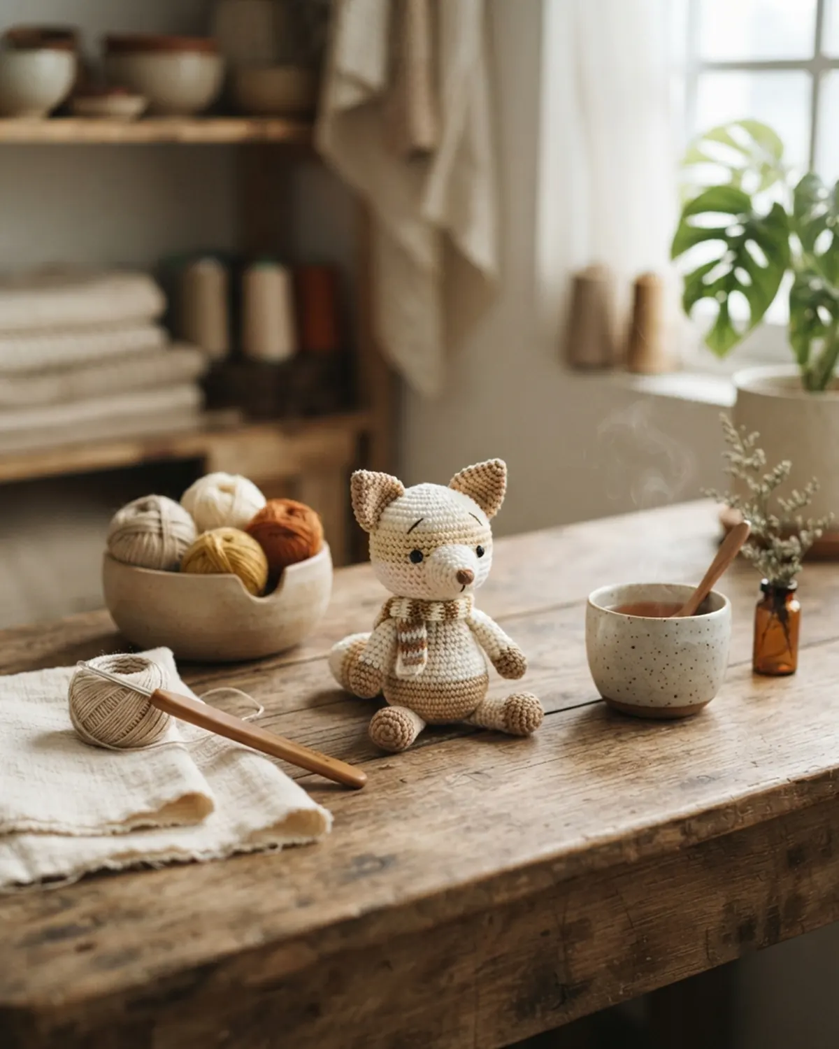 Một chú thú len handmade nhỏ bên cạnh dụng cụ móc len trong không gian mộc mạc