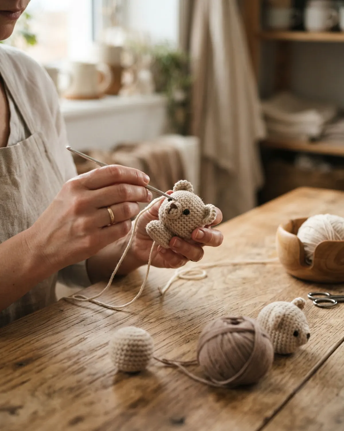 Đôi tay đang móc từng mũi len để tạo nên một nhân vật amigurumi