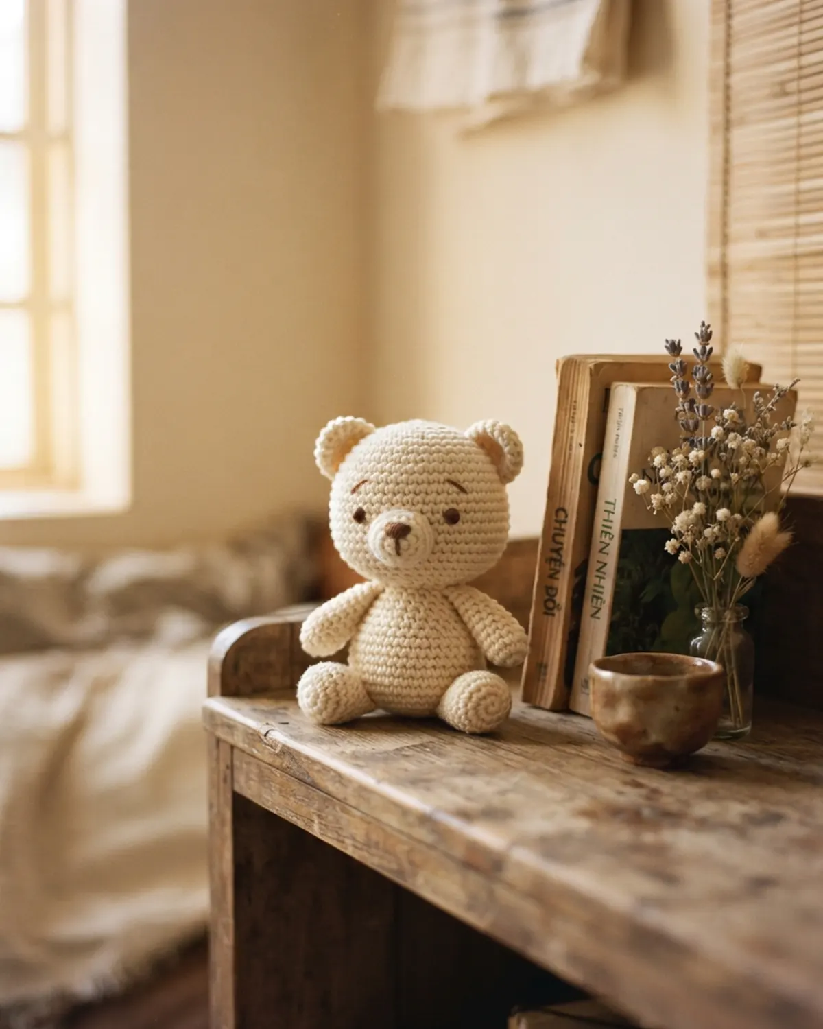 Chú thú len handmade hoàn thiện được đặt trong không gian sống như một người bạn nhỏ