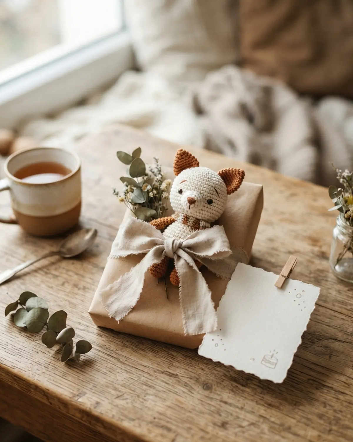 Món quà sinh nhật handmade nhỏ với chú thú len được gói đơn giản