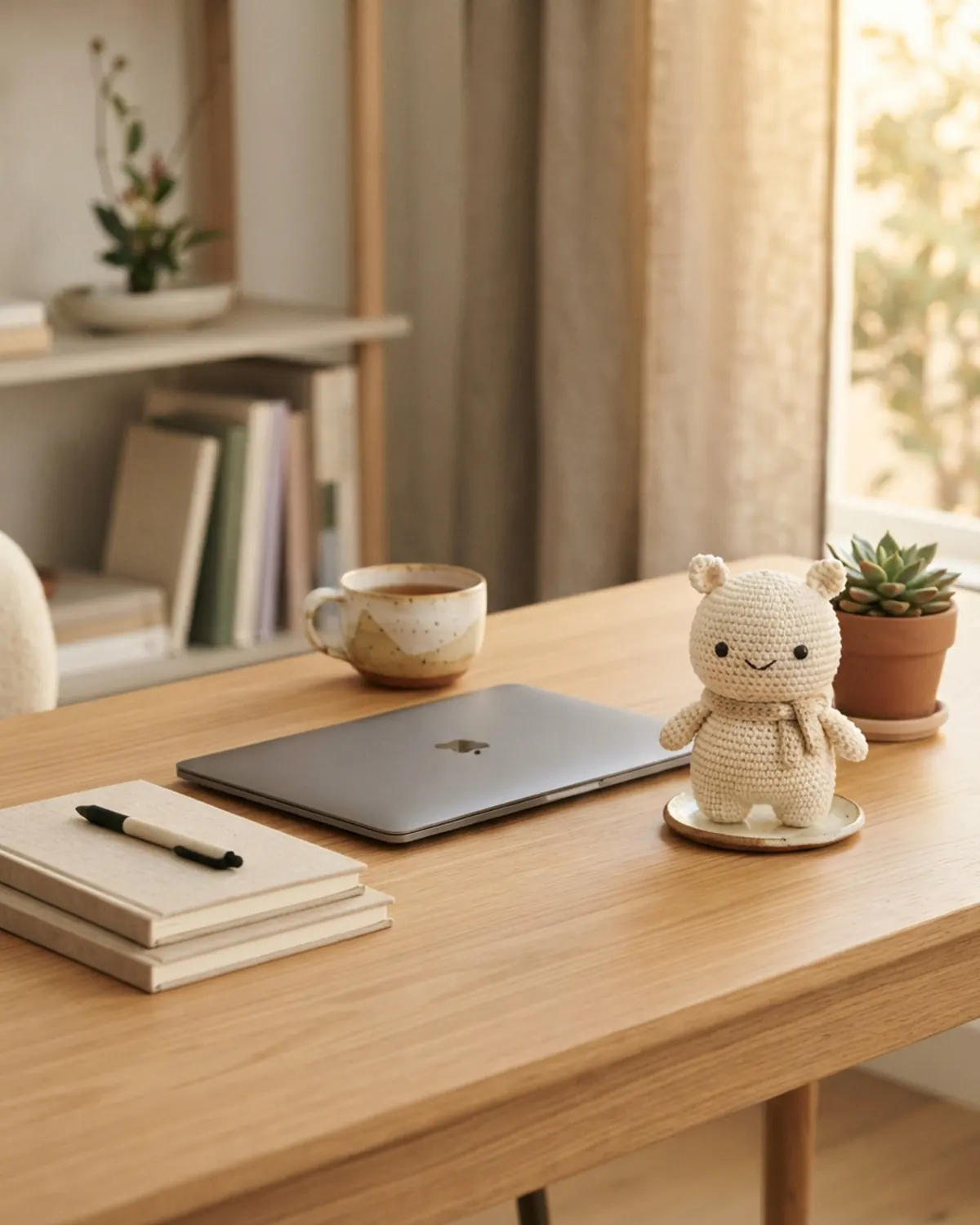 Chú thú len handmade nhỏ trên góc bàn làm việc mới