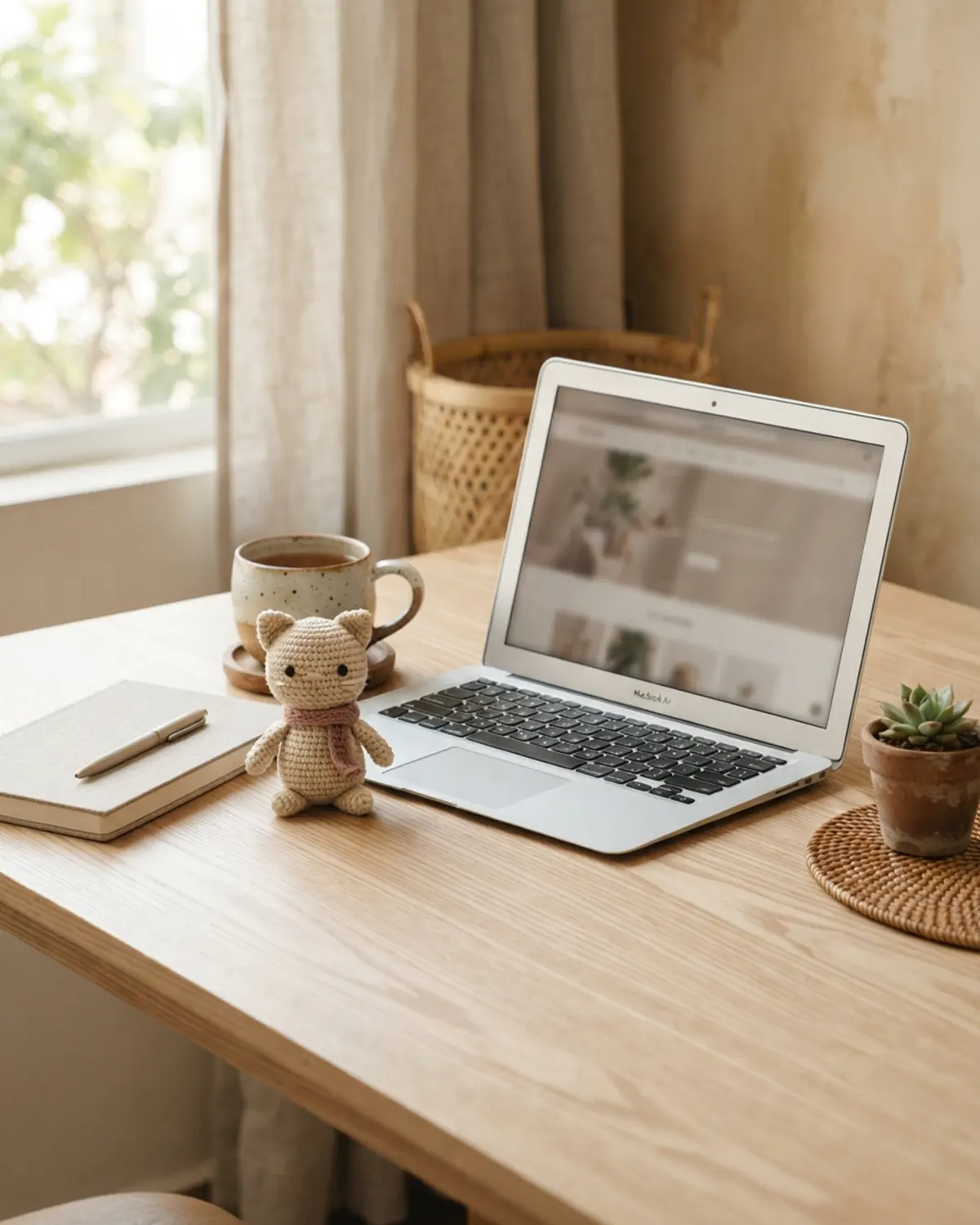 Mèo len handmade làm điểm nhấn cho góc bàn làm việc
