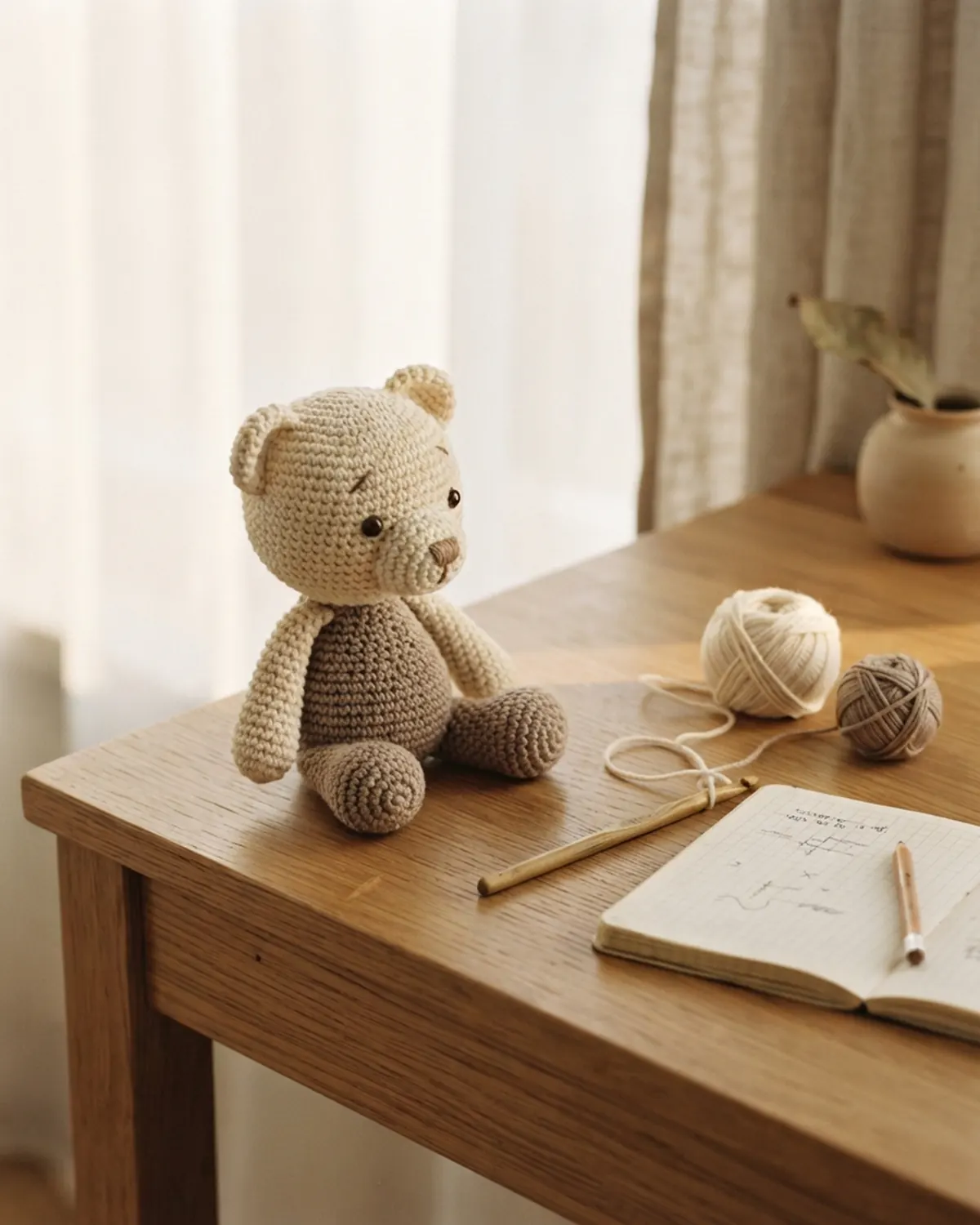 Chú thú len handmade hoàn chỉnh bên cạnh dụng cụ và nguyên liệu đã sử dụng