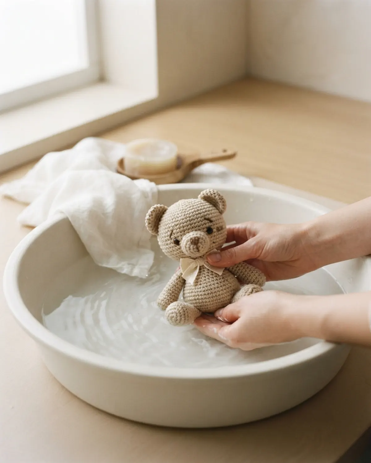 Làm sạch thú len handmade nhẹ nhàng bằng tay với nước và khăn mềm