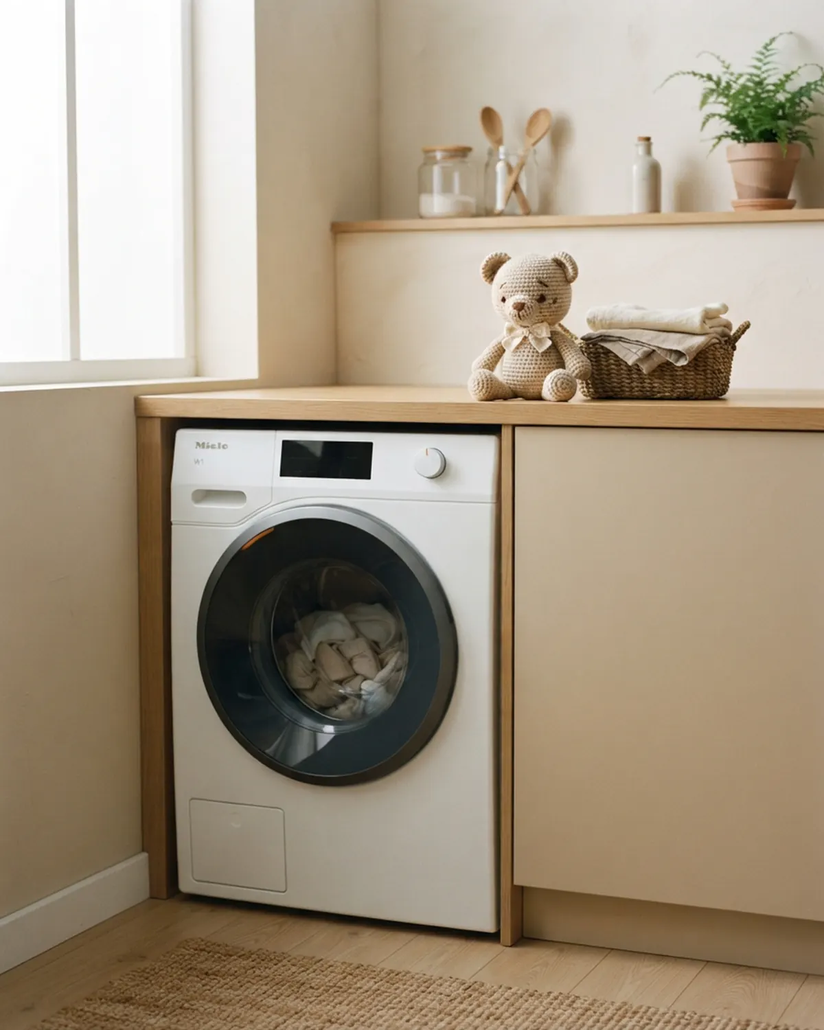Thú len handmade được đặt cạnh máy giặt trước khi lựa chọn cách vệ sinh