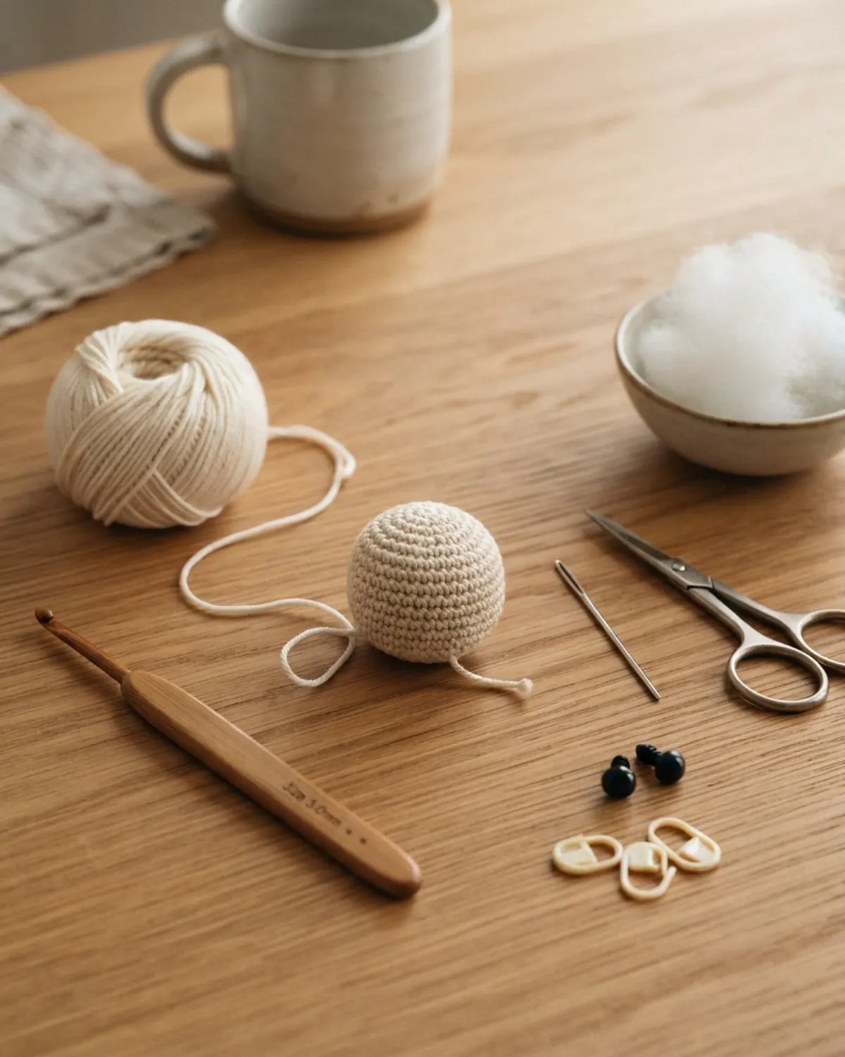 Các dụng cụ và nguyên liệu cơ bản để làm một chú thú len amigurumi