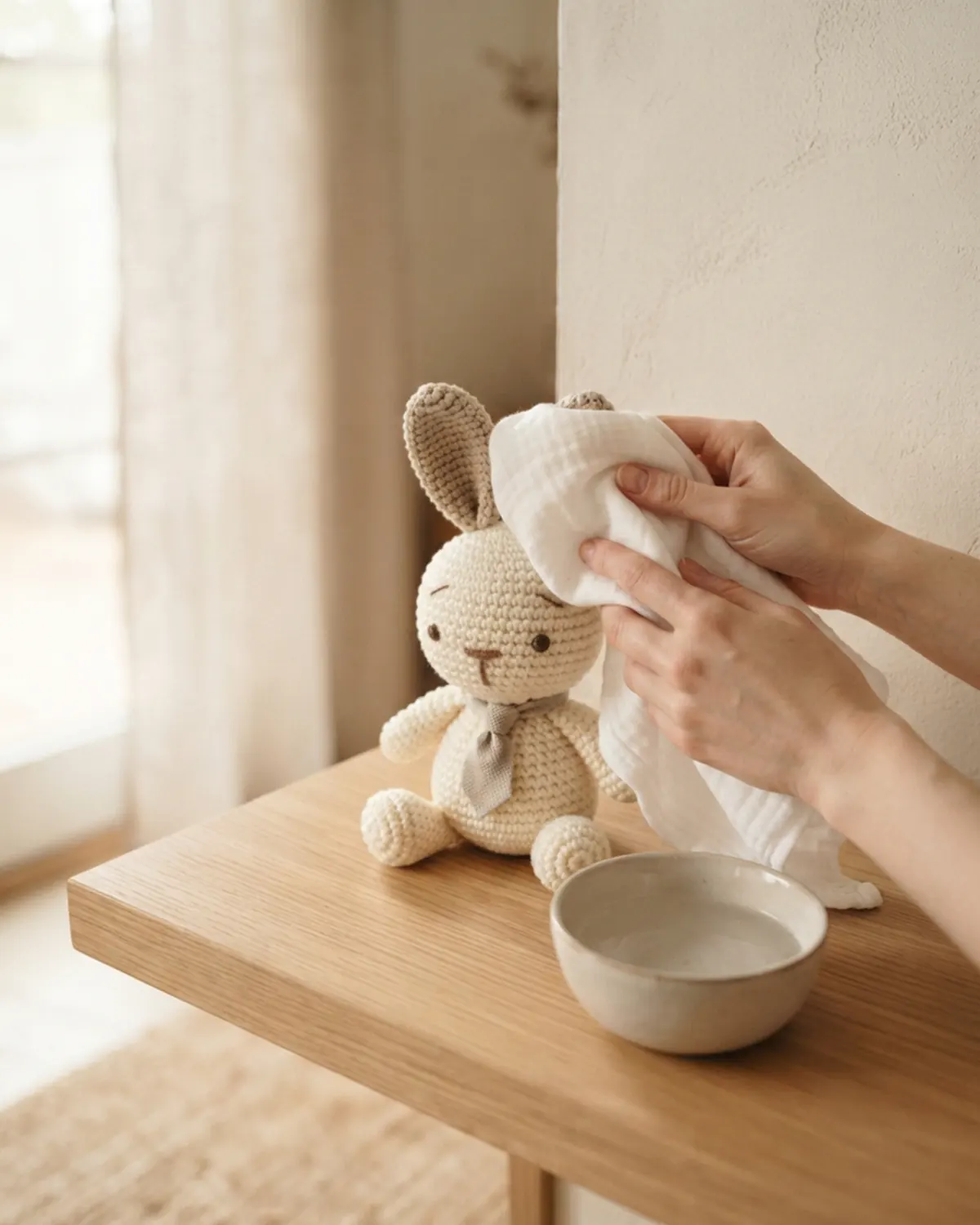 Làm sạch thú len handmade nhẹ nhàng bằng khăn mềm