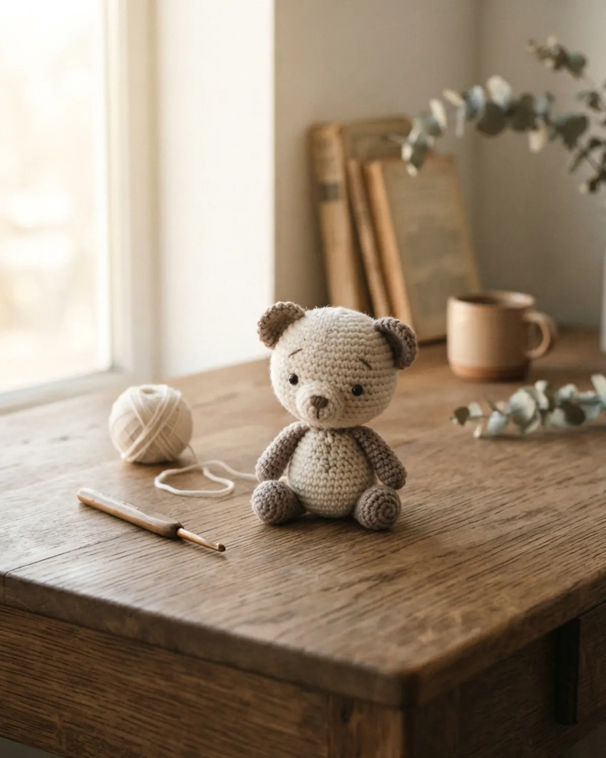 Chú thú len handmade nhỏ được đặt trên bàn sau một quá trình làm thủ công