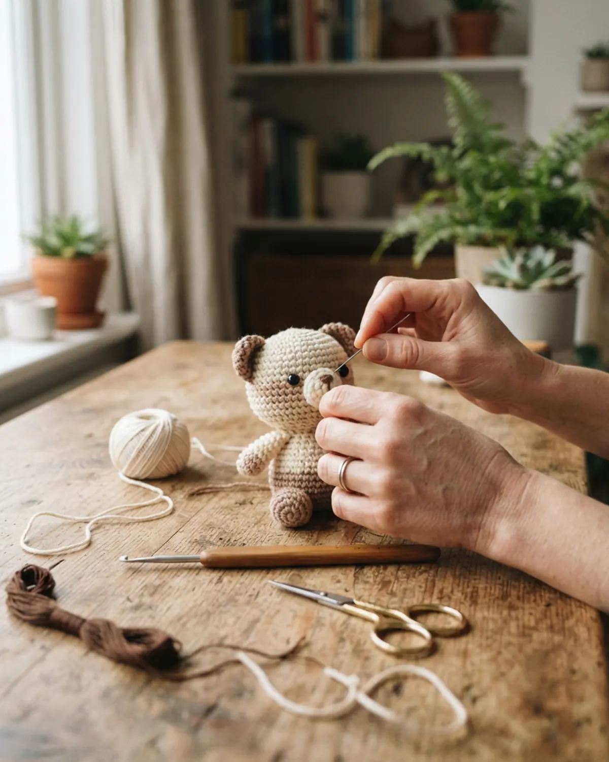 Người làm handmade cẩn thận điều chỉnh khuôn mặt cho một chú thú len