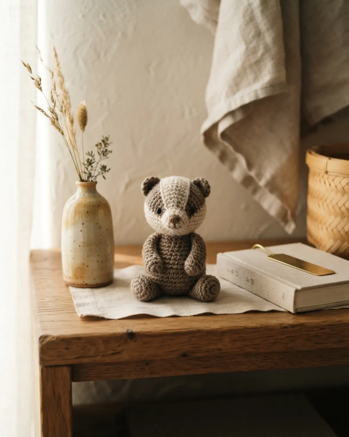 Chú thú len handmade nhỏ với biểu cảm nhẹ nhàng trong không gian sống của người lớn