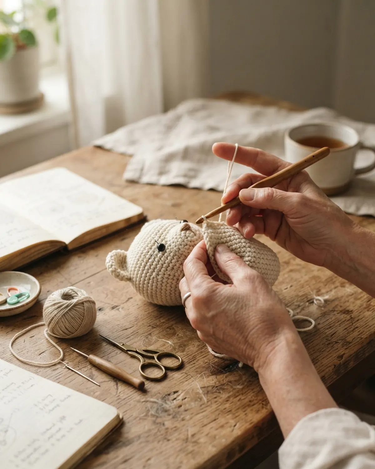 Đôi tay làm một chú thú len handmade với từng mũi móc cẩn thận