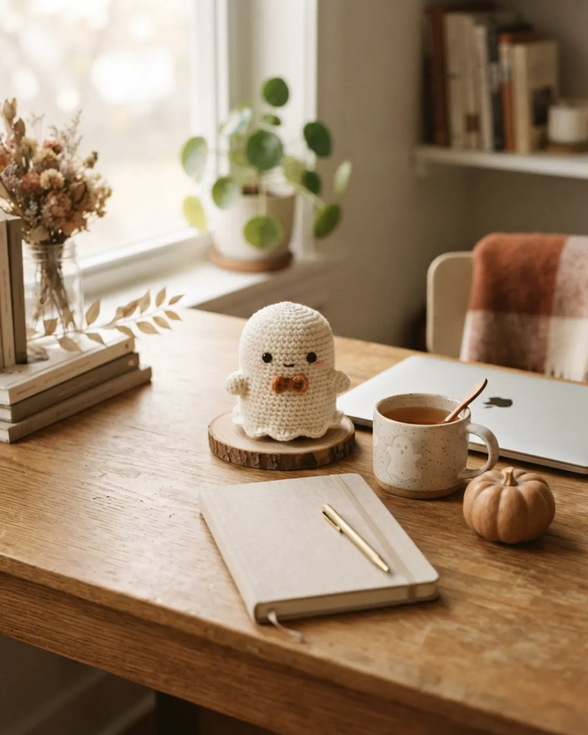 Góc bàn làm việc nhỏ được trang trí Halloween với một chú thú len handmade