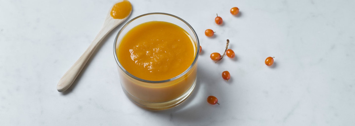 Havtornspuré i et drikkeglas, smagsportion, opskrift til STEP-metoden