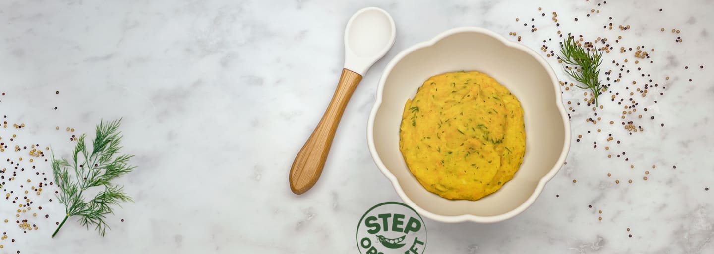 STEP opskrift Gulerod, kartoffel, hakket kød, peberrod, dild og sennep fra Semper Børnemad