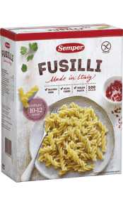 Glutenfri Fusilli Nyt design på Semper Glutenfri pasta - samme gode pasta indeni!