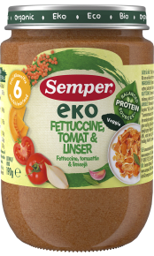Økologisk og vegetarisk babymåltid på glas med fettucine, tomat og linser til baby 8 måneder fra Semper Børnemading og bønner fra Semper Børnemad