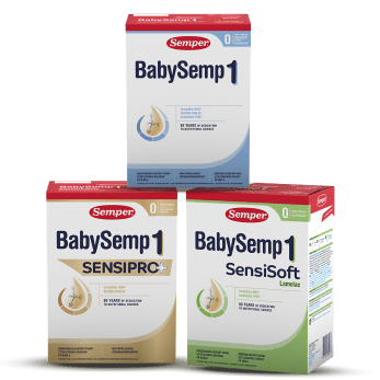 Förpackningar för BabySemp 1, BabySemp 1 Sensipro+ och BabySemp1 Sensisoft Lemolac