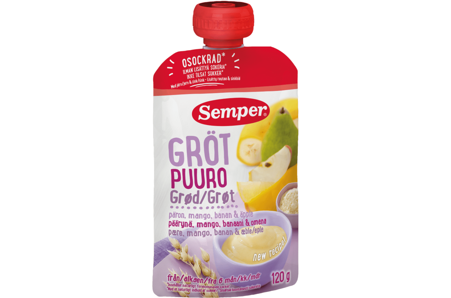 Spiseklar grød på klempose med pære & mango fra Semper Børnemad til baby fra 6 måneder