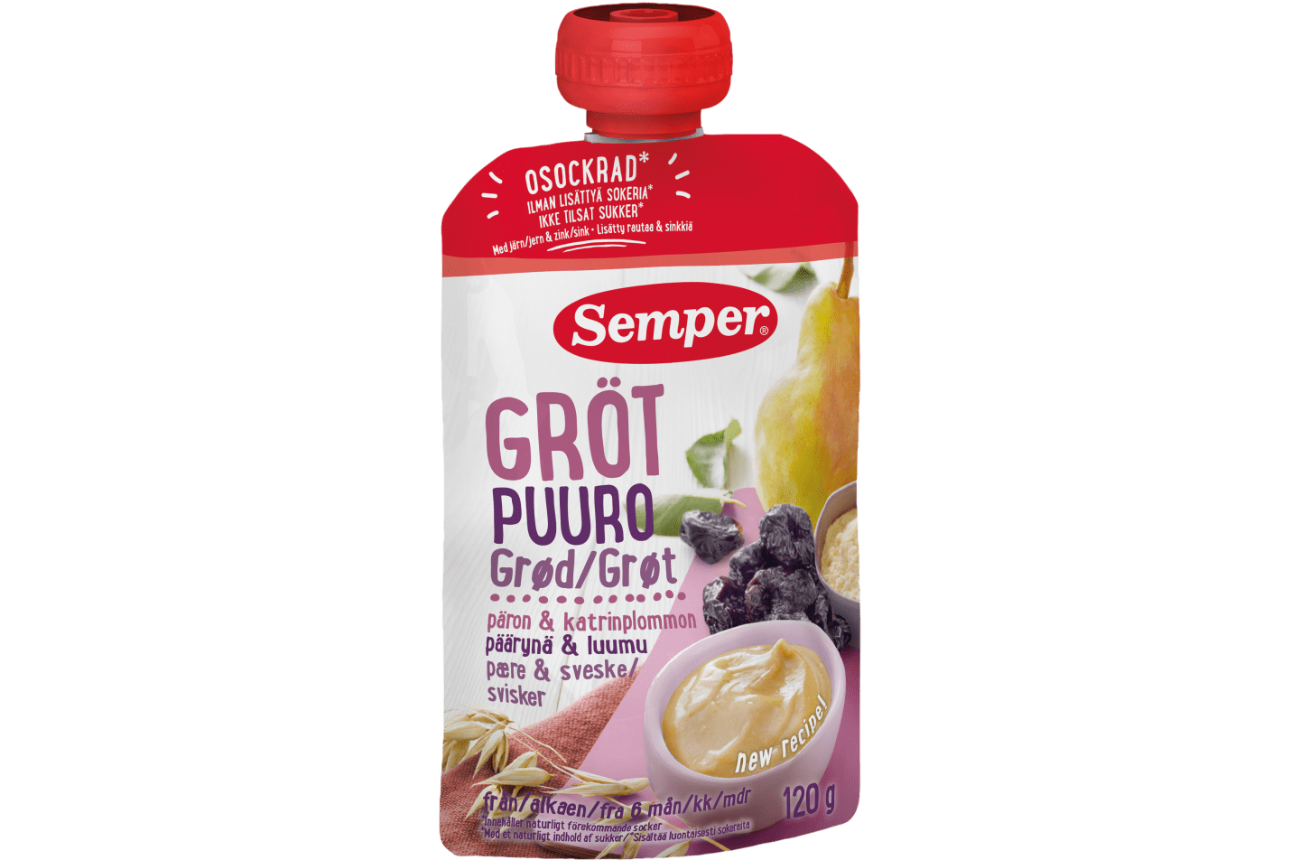 Spiseklar grød på klempose med pære & sveske fra Semper Børnemad, til baby fra 6 måneder