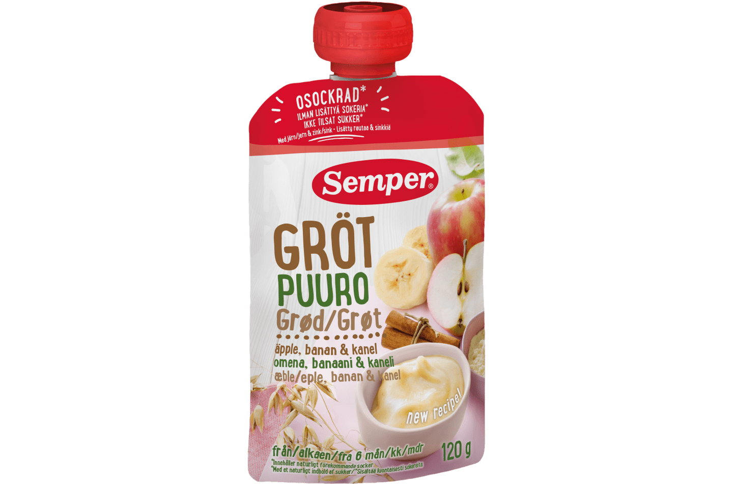 Spiseklar grød på klempose med æble, banan & kanel fra Semper Børnemad