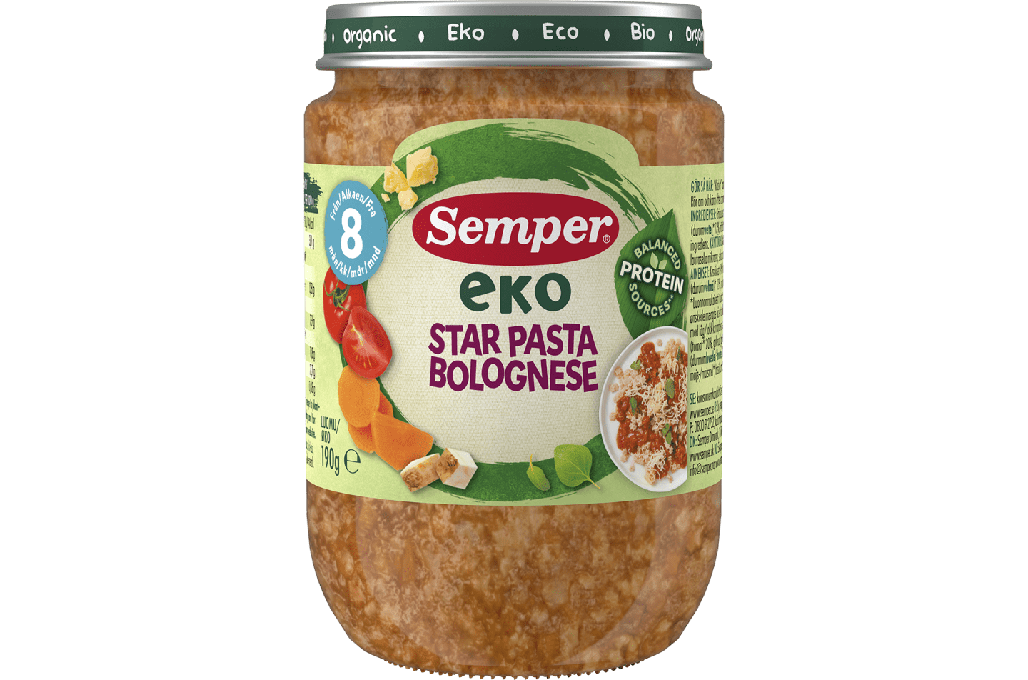 Økologisk måltid på glas med pastastjerner og kødsauce fra Semper Børnemad