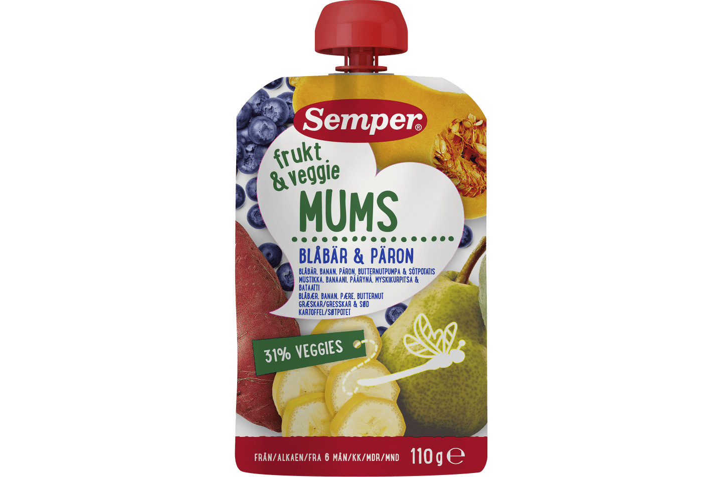 Semper Frukt & Veggiemums med blåbær, banan, pære, butternut græskar og sød kartoffel