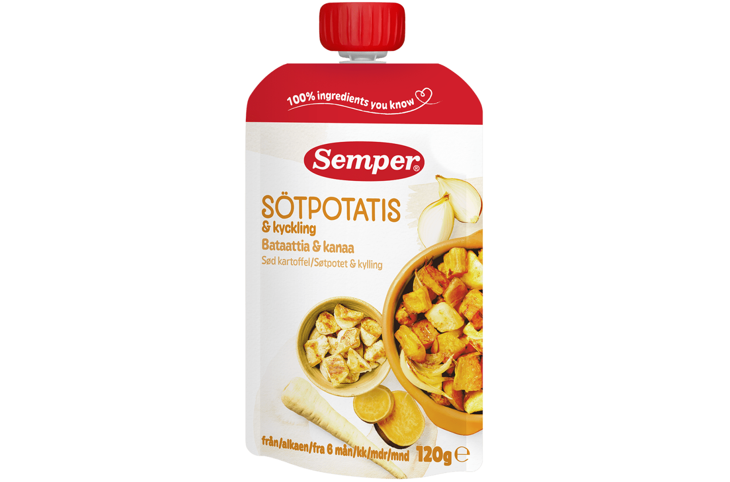 Ätklar Sötpotatis & kyckling i klämpåse från Semper Barnmat