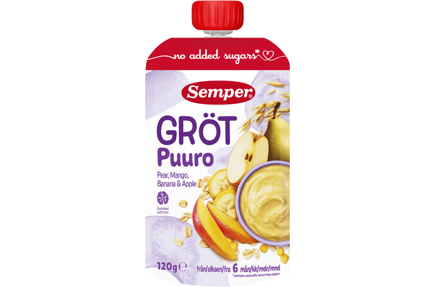 Semper grødklemmepose med Pære, Mango, Banan & Æble til baby fra 6 måneder