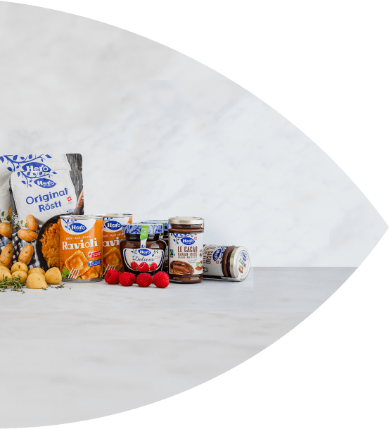 Hero Produkte Konfi, Le Cacao, Roesti und Ravioli
