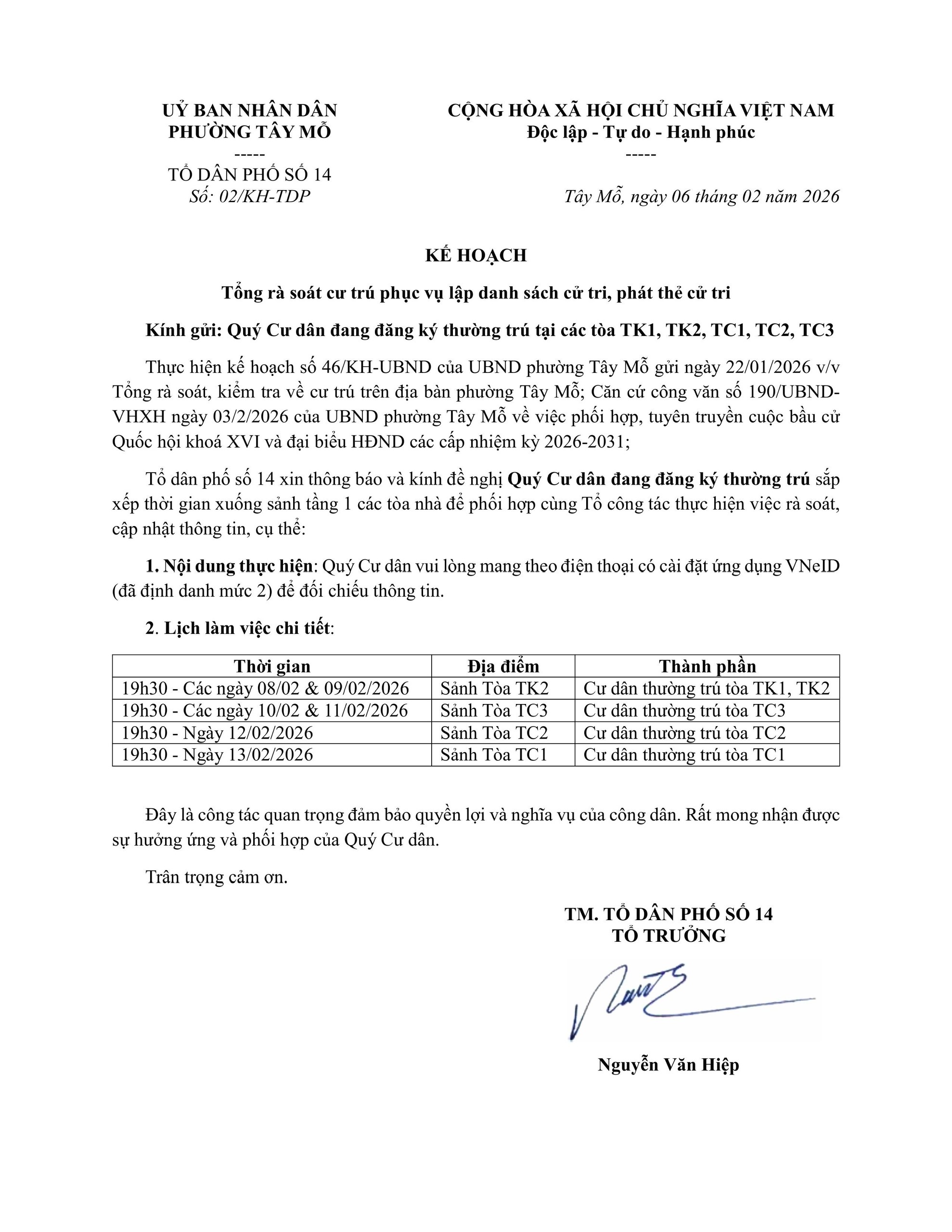 Kế hoạch tổng rà soát cư trú phục vụ lập danh sách cử tri, phát thẻ cử tri bầu cử Quốc hội khoá XVI, HĐND các cấp nhiệm kỳ 2026-2031