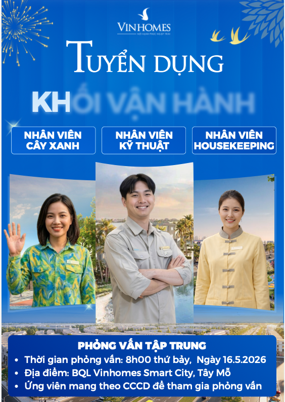Tuyển dụng nhân sự làm việc tại Khu đô thị Vinhomes Smart City
