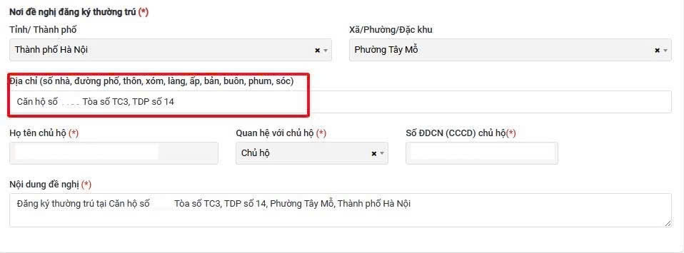 Nhập đúng thông tin tại mục Địa chỉ, không nhập thêm phường.