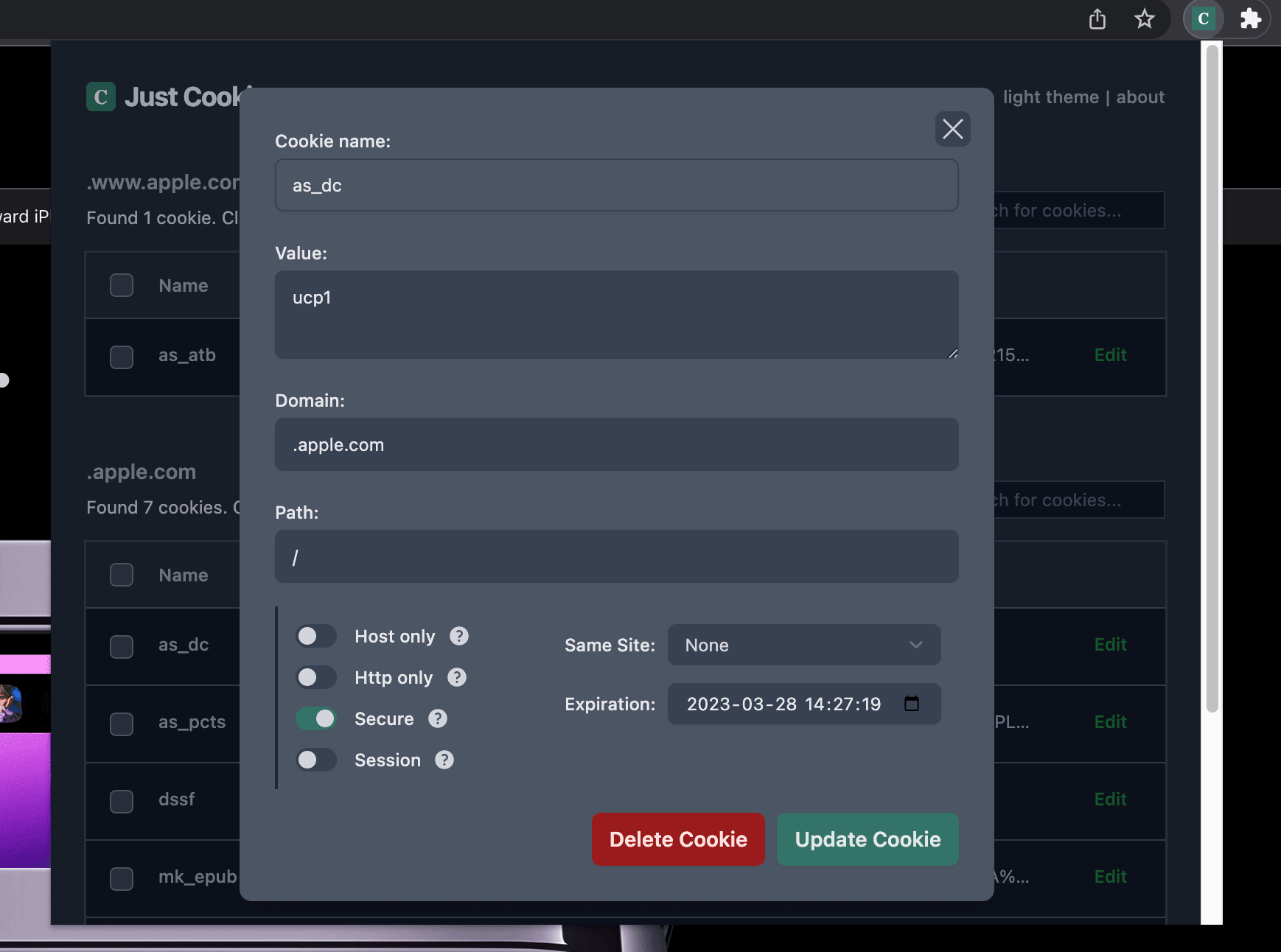 Cookie editor extension