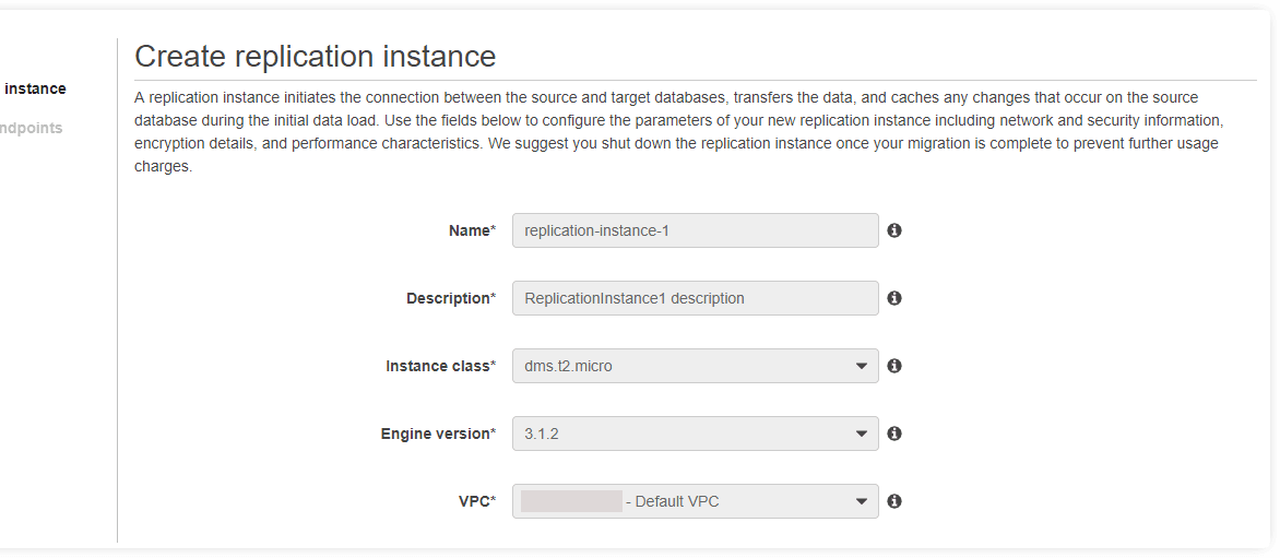 aurora to redshift create replication instance